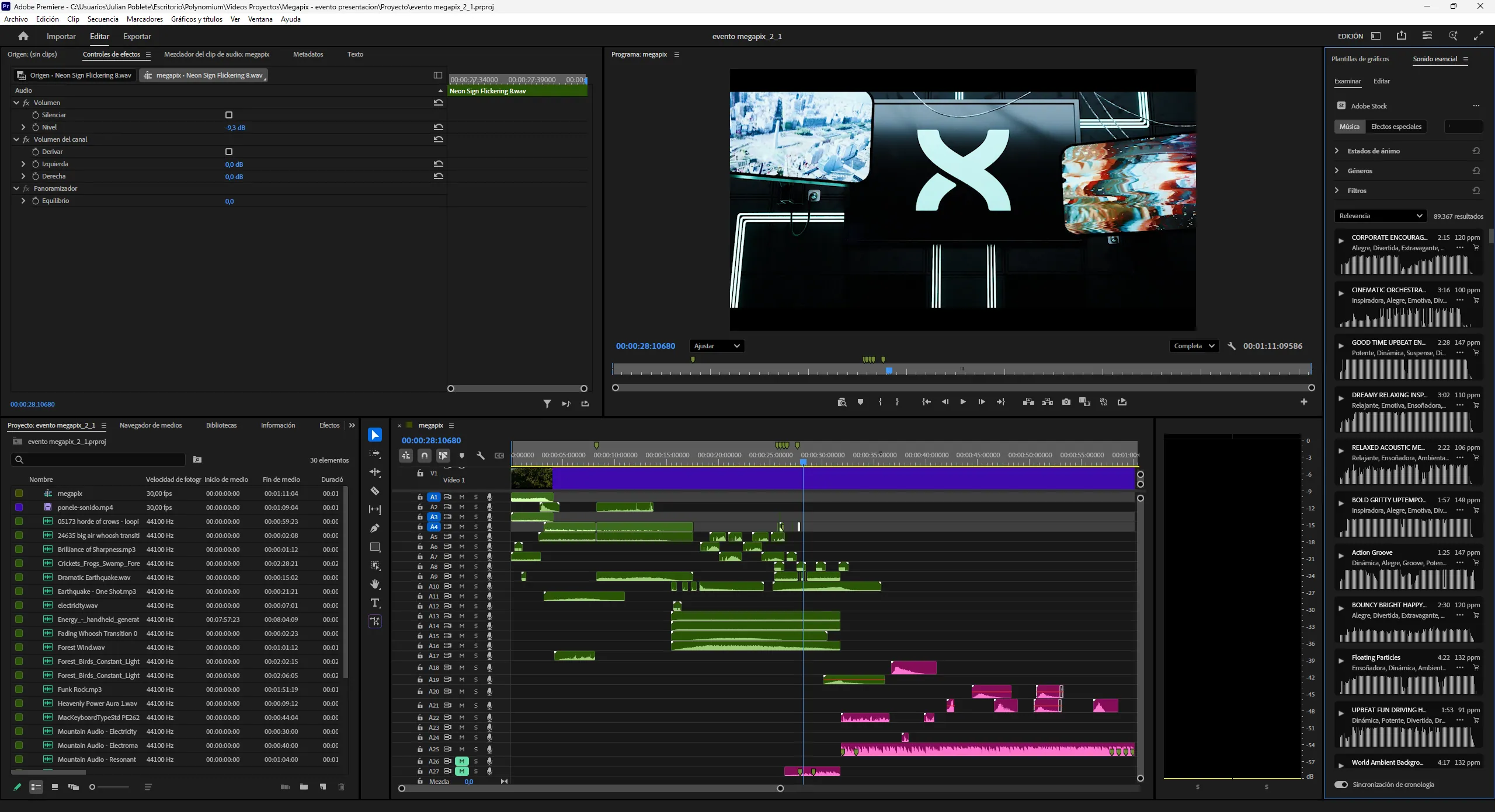 Timeline del proyecto en Adobe Premiere Pro